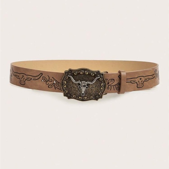 Vintage Buckle PU Leather Cowgirl Style Unisex Belt - Tan & Black - Picture 8 of 10